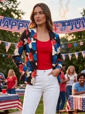 Wolf & Whistle Hydrangea Red Off White Blue Blazer Size 10 USA Patriotic 4th